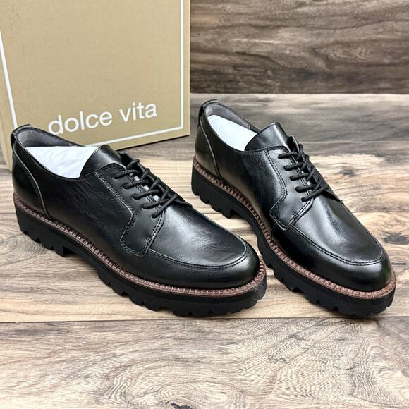 NIB Dolce Vita Morna 8.5 Chunky Lug Sole Lace Up Preppy Oxford Crinkle Patent - Picture 3 of 11